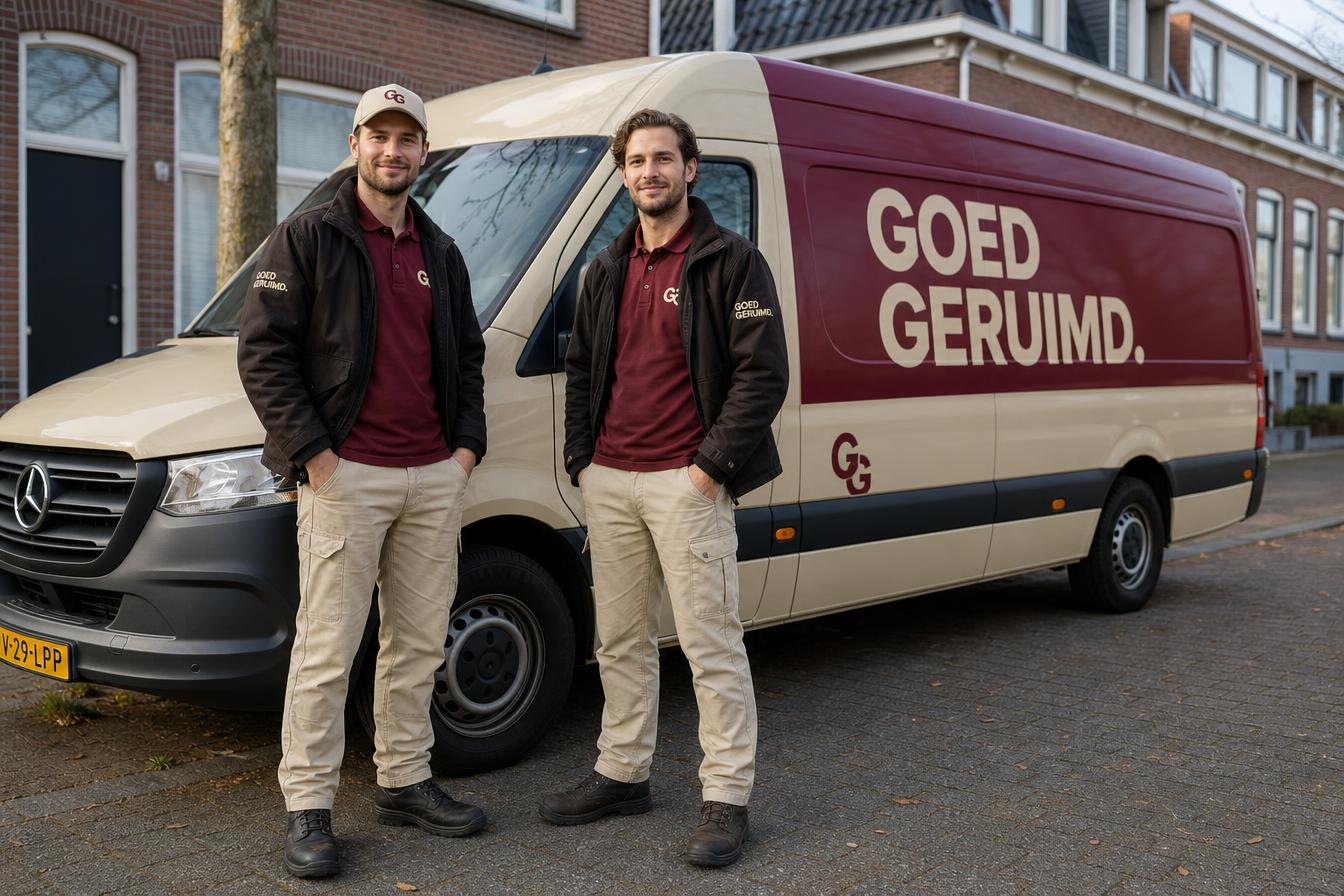 Twee medewerkers van Goed Geruimd in werkkleding voor de bedrijfsbus
