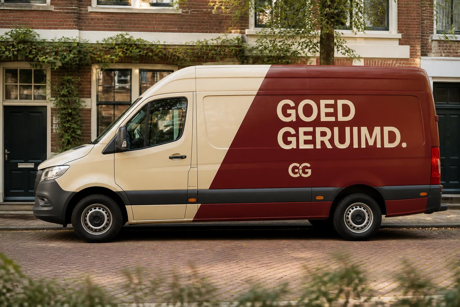 Bestelbus van Goed Geruimd in bordeaux en crème