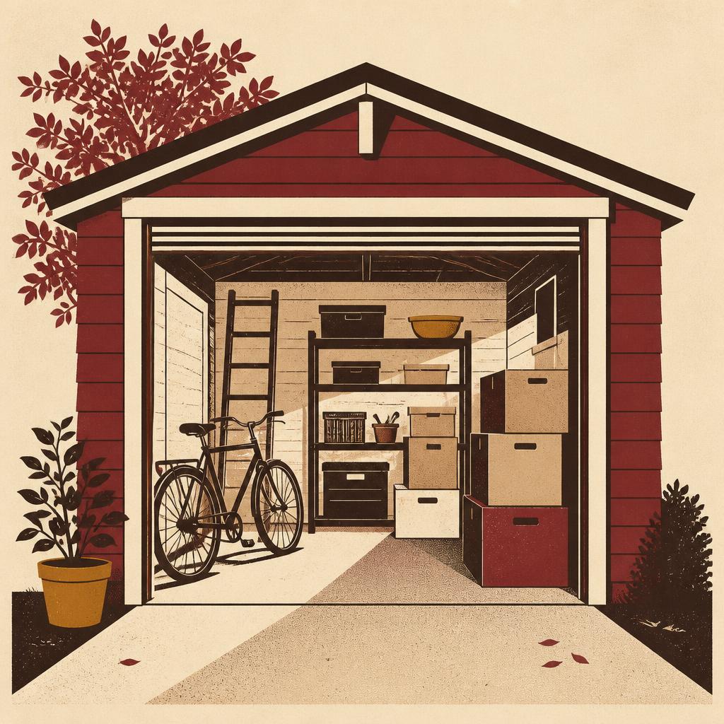 Open garage met opgeruimde dozen en planken
